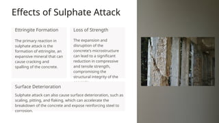 Effects of Sulphate Attack
Ettringite Formation
The primary reaction in
sulphate attack is the
formation of ettringite, an
expansive mineral that can
cause cracking and
spalling of the concrete.
Loss of Strength
The expansion and
disruption of the
concrete's microstructure
can lead to a significant
reduction in compressive
and tensile strength,
compromising the
structural integrity of the
concrete.
Surface Deterioration
Sulphate attack can also cause surface deterioration, such as
scaling, pitting, and flaking, which can accelerate the
breakdown of the concrete and expose reinforcing steel to
corrosion.
 
