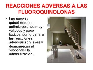 REACCIONES ADVERSAS A LAS
   FLUOROQUINOLONAS
• Las nuevas
  quinolonas son
  antimicrobianos muy
  valiosos y poco
  tóxicos, por lo general
  las reacciones
  adversas son leves y
  desaparecen al
  suspender la
  administración.
 
