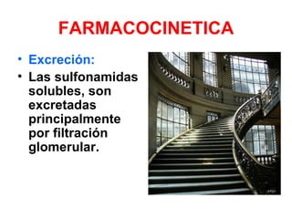 FARMACOCINETICA
• Excreción:
• Las sulfonamidas
  solubles, son
  excretadas
  principalmente
  por filtración
  glomerular.
 