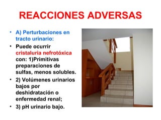 REACCIONES ADVERSAS
• A) Perturbaciones en
  tracto urinario:
• Puede ocurrir
  cristaluria nefrotóxica
  con: 1)Primitivas
  preparaciones de
  sulfas, menos solubles.
• 2) Volúmenes urinarios
  bajos por
  deshidratación o
  enfermedad renal;
• 3) pH urinario bajo.
 