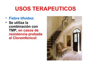 USOS TERAPEUTICOS
• Fiebre tifoidea:
• Se utiliza la
  combinación con
  TMP, en casos de
  resistencia probada
  al Cloramfenicol.
 
