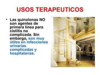 USOS TERAPEUTICOS
• Las quinolonas NO
  son agentes de
  primera línea para
  cistitis no
  complicada. Sin
  embargo, son muy
  útiles en infecciones
  urinarias
  complicadas y
  hospitalarias.
 