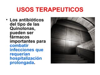 USOS TERAPEUTICOS
• Los antibióticos
del tipo de las
Quinolonas,
pueden ser
fármacos
importantes para
combatir
infecciones que
requerían
hospitalización
prolongada.
 