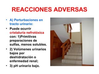 REACCIONES ADVERSAS
• A) Perturbaciones en
tracto urinario:
• Puede ocurrir
cristaluria nefrotóxica
con: 1)Primitivas
preparaciones de
sulfas, menos solubles.
• 2) Volúmenes urinarios
bajos por
deshidratación o
enfermedad renal;
• 3) pH urinario bajo.
 