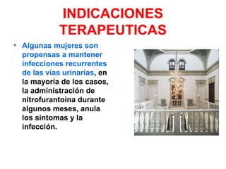 INDICACIONES
TERAPEUTICAS
• Algunas mujeres son
propensas a mantener
infecciones recurrentes
de las vías urinarias, en
la mayoría de los casos,
la administración de
nitrofurantoína durante
algunos meses, anula
los síntomas y la
infección.
 