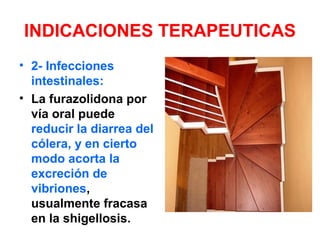 INDICACIONES TERAPEUTICAS
• 2- Infecciones
intestinales:
• La furazolidona por
vía oral puede
reducir la diarrea del
cólera, y en cierto
modo acorta la
excreción de
vibriones,
usualmente fracasa
en la shigellosis.
 