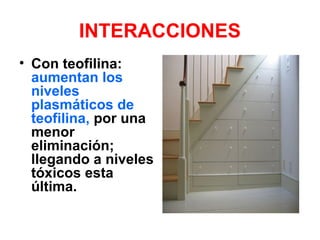 INTERACCIONES
• Con teofilina:
aumentan los
niveles
plasmáticos de
teofilina, por una
menor
eliminación;
llegando a niveles
tóxicos esta
última.
 