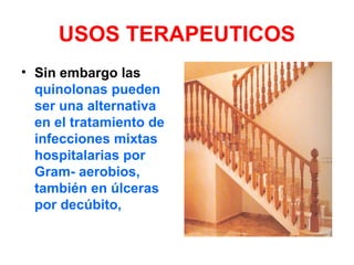 USOS TERAPEUTICOS
• Sin embargo las
quinolonas pueden
ser una alternativa
en el tratamiento de
infecciones mixtas
hospitalarias por
Gram- aerobios,
también en úlceras
por decúbito,
 