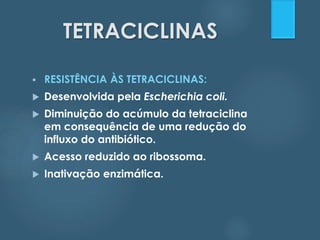 TETRACICLINAS 
 RESISTÊNCIA ÀS TETRACICLINAS: 
 Desenvolvida pela Escherichia coli. 
 Diminuição do acúmulo da tetraciclina 
em consequência de uma redução do 
influxo do antibiótico. 
 Acesso reduzido ao ribossoma. 
 Inativação enzimática. 
 