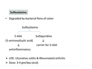 • Degraded by bacterial flora of colon
Sulfasalazine
5-ASA Sulfapyridine
(5-aminosalicylic acid) ↓
↓ carrier for 5-ASA
antiinflammatory
 USE: Ulcerative colitis & Rheumatoid arthritis
 Dose: 3-4 gm/day (oral)
Sulfasalazine
 