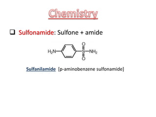  Sulfonamide: Sulfone + amide
Sulfanilamide [p-aminobenzene sulfonamide]
 