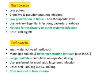 Norfloxacin
• Less potent
• Gram +ve & pseudomonas not inhibited
• Low penetration in tissue – non therapeutic level
• Use: urinary & genital infections, bacterial diarrhoea
• Not use for respiratory or other systemic infection
• Dose: 400 mg BD
• methyl derivative of norfloxacin
• More lipid soluble & better penetration in tissue (also in CSF)
• Longer half life – cumulates on repeated dosing
• Use: preferred for meningitis & systemic infection
• Dose: oral - 400 mg BD; i.v. 400 mg
• Dose reduced in liver disease
Pefloxacin
 