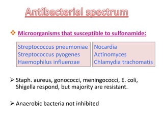  Microorganisms that susceptible to sulfonamide:
 Staph. aureus, gonococci, meningococci, E. coli,
Shigella respond, but majority are resistant.
 Anaerobic bacteria not inhibited
Streptococcus pneumoniae
Streptococcus pyogenes
Haemophilus influenzae
Nocardia
Actinomyces
Chlamydia trachomatis
 