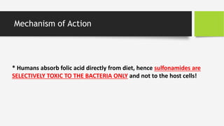 Mechanism of Action
* Humans absorb folic acid directly from diet, hence sulfonamides are
SELECTIVELY TOXIC TO THE BACTERIA ONLY and not to the host cells!
 