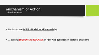 Mechanism of Action
(Cotrimoxazole)
• Cotrimoxazole inhibits Nucleic Acid Synthesis by…
• …. causing SEQUENTIAL BLOCKADE of Folic Acid Synthesis in bacterial organisms
 