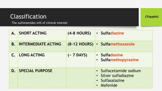 Classification
The sulfonamides still of clinical interest
A. SHORT ACTING (4-8 HOURS) • Sulfadiazine
B. INTERMEDIATE ACTING (8-12 HOURS) • Sulfamethoxazole
C. LONG ACTING (~ 7 DAYS) • Sulfadoxine
• Sulfamethopyrazine
D. SPECIAL PURPOSE • Sulfacetamide sodium
• Silver sulfadiazine
• Sulfasalazine
• Mafenide
(Tripathi)
 