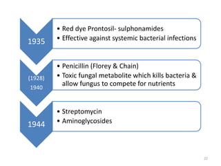 1935
• Red dye Prontosil- sulphonamides
• Effective against systemic bacterial infections
(1928)
1940
• Penicillin (Florey & Chain)
• Toxic fungal metabolite which kills bacteria &
allow fungus to compete for nutrients
1944
• Streptomycin
• Aminoglycosides
22
 