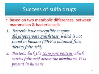 Success of sulfa drugs
• Based on two metabolic differences between
mammalian & bacterial cells
1. Bacteria have susceptible enzyme
dihydropteroate synthetase which is not
found in humans (THF is obtained from
dietary folic acid)
2. Bacteria lack the transport protein which
carries folic acid across the membrane. It is
present in humans
48
 