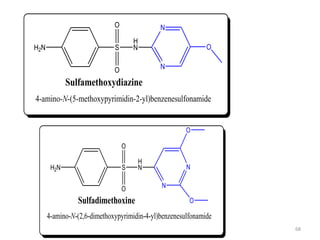 68
H2N S
H
N
O
O N
N
Sulfamethoxydiazine
4-amino-N-(5-methoxypyrimidin-2-yl)benzenesulfonamide
O
H2N S
H
N
O
O N
N
Sulfadimethoxine
4-amino-N-(2,6-dimethoxypyrimidin-4-yl)benzenesulfonamide
O
O
 