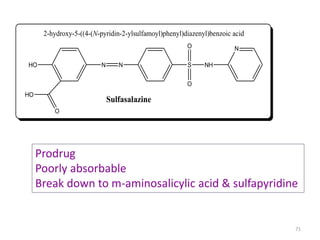 71
HO
Sulfasalazine
HO
O
2-hydroxy-5-((4-(N-pyridin-2-ylsulfamoyl)phenyl)diazenyl)benzoic acid
N N S NH
O
O
N
Prodrug
Poorly absorbable
Break down to m-aminosalicylic acid & sulfapyridine
 
