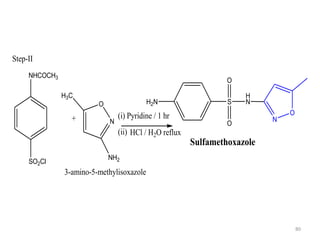 80
NHCOCH3
SO2Cl
+ N
O
NH2
H3C
H2N S
H
N
O
O
Sulfamethoxazole
N
O(i) Pyridine / 1 hr
(ii) HCl / H2O reflux
Step-II
3-amino-5-methylisoxazole
 