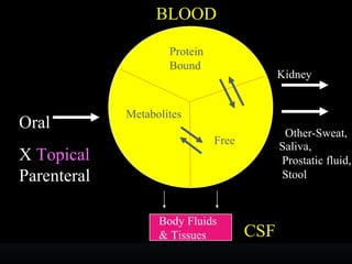 BLOOD

                     Protein
                     Bound
                                            Kidney


             Metabolites
Oral                                         Other-Sweat,
                               Free         Saliva,
X Topical                                   Prostatic fluid,
Parenteral                                  Stool


                   Body Fluids
                   & Tissues          CSF
 
