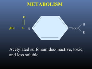 METABOLISM

         O

                                        H
3   HC   C   N                   SO2N
                                        R




Acetylated sulfonamides-inactive, toxic,
and less soluble
 