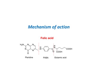N
N
N
N
Pteridine
H2N
O
H
N
H
N
O
COOH
COOH
PABA Glutamic acid
Folic acid
Mechanism of action
 