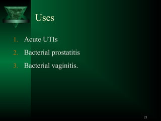 Uses
1. Acute UTIs
2. Bacterial prostatitis
3. Bacterial vaginitis.

21

 