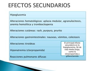Hipoglucemia
Alteraciones hematológicas: aplasia medular, agranulocitosis,
anemia hemolítica y trombocitopenia
Alteraciones cutáneas: rash, purpura, prurito
Alteraciones gastrointestinales: nauseas, vómitos, colestasis
Alteraciones tiroideas
Hiponatremia (clorpropamida)
Reacciones pulmonares difusas
El principal efecto
secundario es la
hipoglucemia, SU de
vida media larga,
como la
clorpropamida y
glibenclamida
 