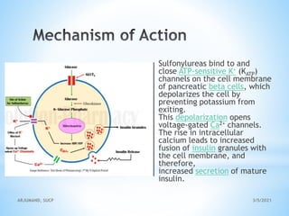 Sulfonylureas bind to and
close ATP-sensitive K+ (KATP)
channels on the cell membrane
of pancreatic beta cells, which
depolarizes the cell by
preventing potassium from
exiting.
This depolarization opens
voltage-gated Ca2+ channels.
The rise in intracellular
calcium leads to increased
fusion of insulin granules with
the cell membrane, and
therefore,
increased secretion of mature
insulin.
3/5/2021
ARJUMAND, SUCP
 