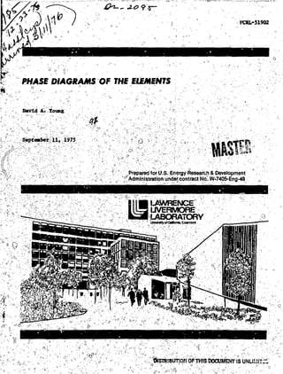 TO«L- 51902
PHASE DIAGRAMS OF THE ELEMENTS
David A. Young
&
September 11, 1975
aiS
Prepared for U.S. Energy Research & Development
1
Administration under contract No. W-7405-Eng-48
im LAWRENCE
K a i LABORATORY
"ttSTRlBUTtOM OFTHIS DOCUMENT IS UNUML?:"
 