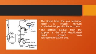 • The liquid from the gas separator
vessel is routed through
a reboiled stripper distillation tower.
• The bottoms product from the
stripper is the final desulfurized
liquid product from
hydrodesulfurization unit.
 