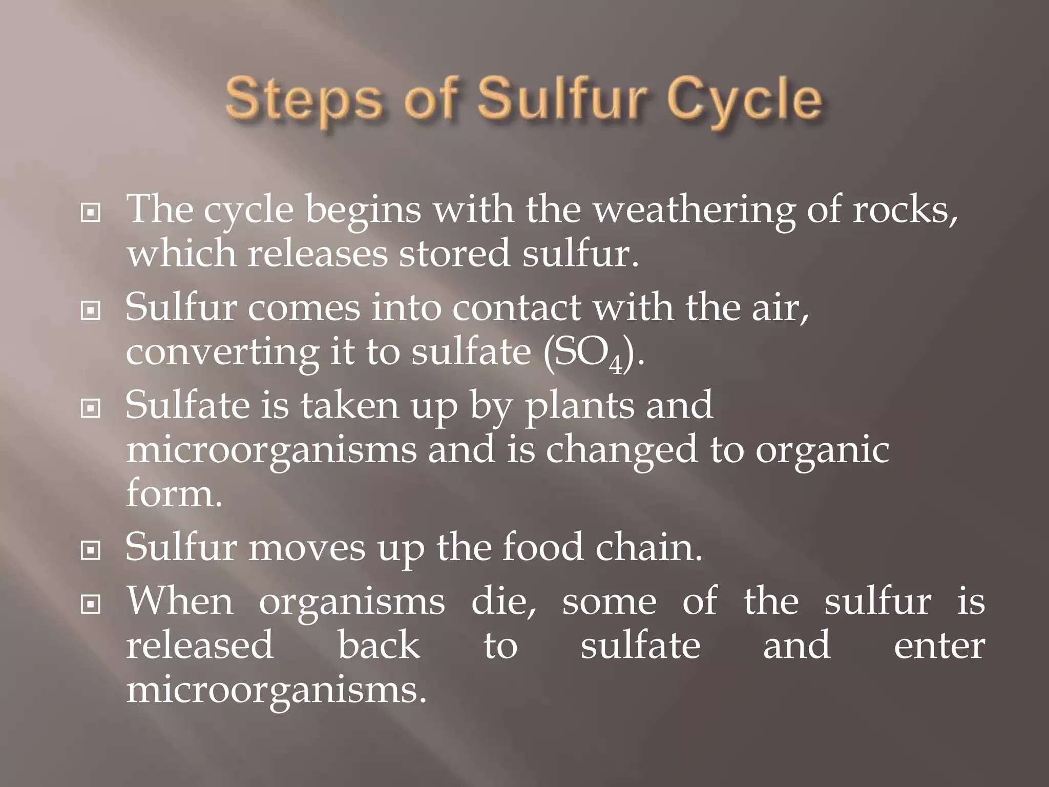 Steps of Sulfur CycleThe cycle begins with the weathering of rocks, which releases stored sulfur.Sulfur comes into contact with the air, converting it to sulfate (SO4).Sulfate is taken up by plants and microorganisms and is changed to organic form.Sulfur moves up the food chain.When organisms die, some of the sulfur is released back to sulfate and enter microorganisms.