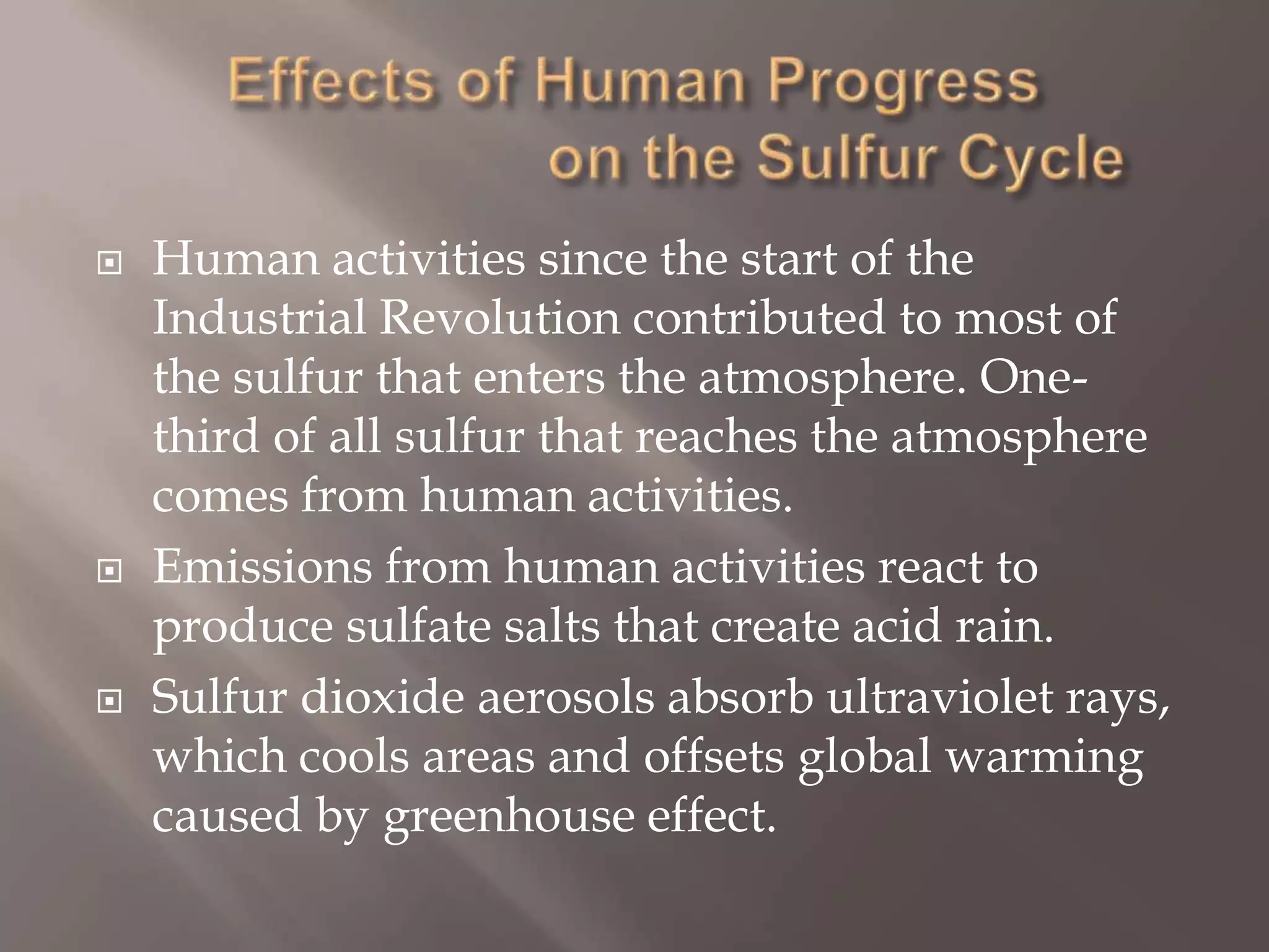 Effects of Human Progress                       on the Sulfur CycleHuman activities since the start of the Industrial Revolution contributed to most of the sulfur that enters the atmosphere. One-third of all sulfur that reaches the atmosphere comes from human activities.Emissions from human activities react to produce sulfate salts that create acid rain.Sulfur dioxide aerosols absorb ultraviolet rays, which cools areas and offsets global warming caused by greenhouse effect.