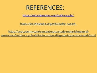 REFERENCES:
https://microbenotes.com/sulfur-cycle/
https://en.wikipedia.org/wiki/Sulfur_cycle#
https://unacademy.com/content/upsc/study-material/general-
awareness/sulphur-cycle-definition-steps-diagram-importance-and-facts/
 