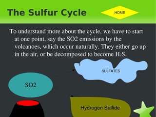 The Sulfur Cycle Before we get started on the sulfur cycle, we need to know what sulfur is anyway. SULFUR is.... An element 