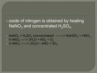 oxide of nitrogen is obtained by heating
NaNO3 and concentrated H2SO4.
 NaNO3 + H2SO4 (concentrated) ——-> NaHSO4 + HNO3
 4 HNO3 —–> 2H2O + NO2 + O2
 4 HNO3 ——> 2H2O + 4NO + 3O2
 