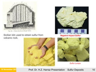 21 November 2015 Prof. Dr. H.Z. Harraz Presentation Sulfur Deposits 10
Sicilian kiln used to obtain sulfur from
volcanic rock.
Negative Impact Sulfur
Sulfur Lumps
 