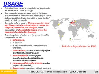 USAGE
• Sulfur had been known and used since a long time in
ancient Greece, China, and Egypt.
• The fumes of the element were used as fumigants.
Sulfur was used in medicinal mixtures mostly as balms
and anti-parasitics. It was also used to make the best
quality of black gunpowder.
• Elemental sulfur is used in Black gunpowder, Matches
and Fireworks in the vulcanization of rubber; as a
fungicide, insecticide, and fumigant; in the
manufacture of phosphate fertilizers; and in the
treatment of certain skin diseases.
• The principal use of sulfur, is in the preparation of its
compounds, such as:
 Sulfuric acid.
 in fertilizers
 is also used in matches, insecticides and
fungicides.
 Sulfur dioxide, used as a bleaching agent,
disinfectant, and refrigerant;
 Sodium bisulfite, used in paper
manufacture; carbon disulfide, an
important organic solvent;
 Hydrogen sulfide, sulfur trioxide, used as
reagents in chemistry;
 Epsom salts (magnesium sulfate), used as a
laxative, bath additive, exfoliant, and
magnesium supplement in plant nutrition; the
21 November 2015 Prof. Dr. H.Z. Harraz Presentation Sulfur Deposits 22
Sulfuric acid production in 2000
 