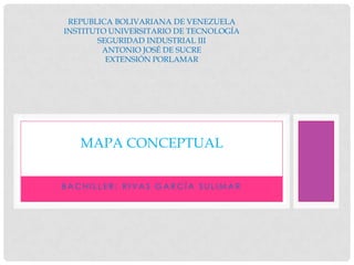 REPUBLICA BOLIVARIANA DE VENEZUELA
INSTITUTO UNIVERSITARIO DE TECNOLOGÍA
SEGURIDAD INDUSTRIAL III
ANTONIO JOSÉ DE SUCRE
EXTENSIÓN PORLAMAR

MAPA CONCEPTUAL
BACHILLER: RIVAS GARCÍA SULIMAR

 