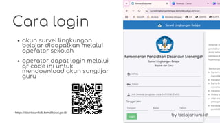https://dashboardslb.kemdikbud.go.id/
akun survei lingkungan
belajar didapatkan melalui
operator sekolah
operator dapat lo...