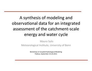 A	
  synthesis	
  of	
  modeling	
  and	
  
observa4onal	
  data	
  for	
  an	
  integrated	
  
assessment	
  of	
  the	
  catchment-­‐scale	
  
energy	
  and	
  water	
  cycle	
  
	
  	
  	
  Mauro	
  Sulis	
  	
  
Meteorological	
  Ins4tute,	
  University	
  of	
  Bonn	
  
Workshop	
  on	
  Coupled	
  Hydrological	
  Modeling	
  
Padova,	
  September	
  23-­‐24	
  2015	
  
 