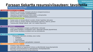 Resurssiviisas Forssa 2050
• Seudullinen uusiutuvaan energiaan perustuva energiaomavaraisuus
• Toimiva monen tuottajan energiajärjestelmä
• Hajautettua energiantuotantoa tukeva sähkö- ja lämpöverkko
• Energiatehokkuuden merkittävä paraneminen
• Forssan seutu on kansainvälisesti tunnettu vihreän logistiikan talousalue
• 3D Eco Fostra on seudun yhteinen kehitysalusta: kaavoitus, liikenne, palvelut
• Tulevaisuuden liikkujat tekevät alle 5 km matkat lihasvoimin
• Forssa on biopohjaisen energian ja polttoaineen nettoviejä
• Kaikki jätteet lajitellaan uusiokäyttöä varten. Materiaalit kiertävät järjestelmässä.
• Kaikki Forssan asukkaat ja yritykset ovat osa kiertotaloutta
• Yhteistyössä rakennettu arvoketju, jossa ruokaa
• tuotetaan,
• arvostetaan
• sekä kulutetaan
kestävän kehityksen periaatteiden mukaisesti.
• Puhdasta vettä kattavasti kaikille
• Hulevedet hallitusti ja hajautetusti hoitoon ja elävöittämään kaupunkiympäristöä
• Ravinteet ravinnontuotantoon ja jätevedenlaatu kierrätyskelpoiseksi
• Pintavedet hyvässä kunnossa ja saavutettavissa
Kestävä hyvinvointi
Ei päästöjä
Ei jätettä
Ei ylikulutusta
Forssan tiekartta resurssiviisauteen: tavoitetila
5
Kulutus ja materiaalit
Liikkuminen ja yhdyskuntarakenne
Ruoan tuotanto ja kulutus
Vedenkäyttö ja luonnonvedet
Energian tuotanto ja -kulutus
 