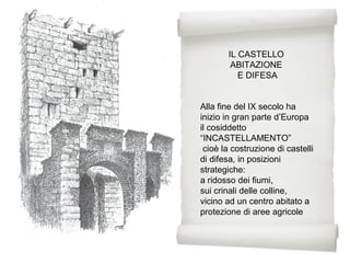 Alla fine del IX secolo ha
inizio in gran parte d’Europa
il cosiddetto
“INCASTELLAMENTO”
cioè la costruzione di castelli
di difesa, in posizioni
strategiche:
a ridosso dei fiumi,
sui crinali delle colline,
vicino ad un centro abitato a
protezione di aree agricole
IL CASTELLO
ABITAZIONE
E DIFESA
 