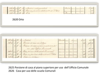 2625 Porzione di casa al piano superiore per uso dell’Ufficio Comunale
2626 Casa per uso delle scuola Comunali
2620 Orto
 