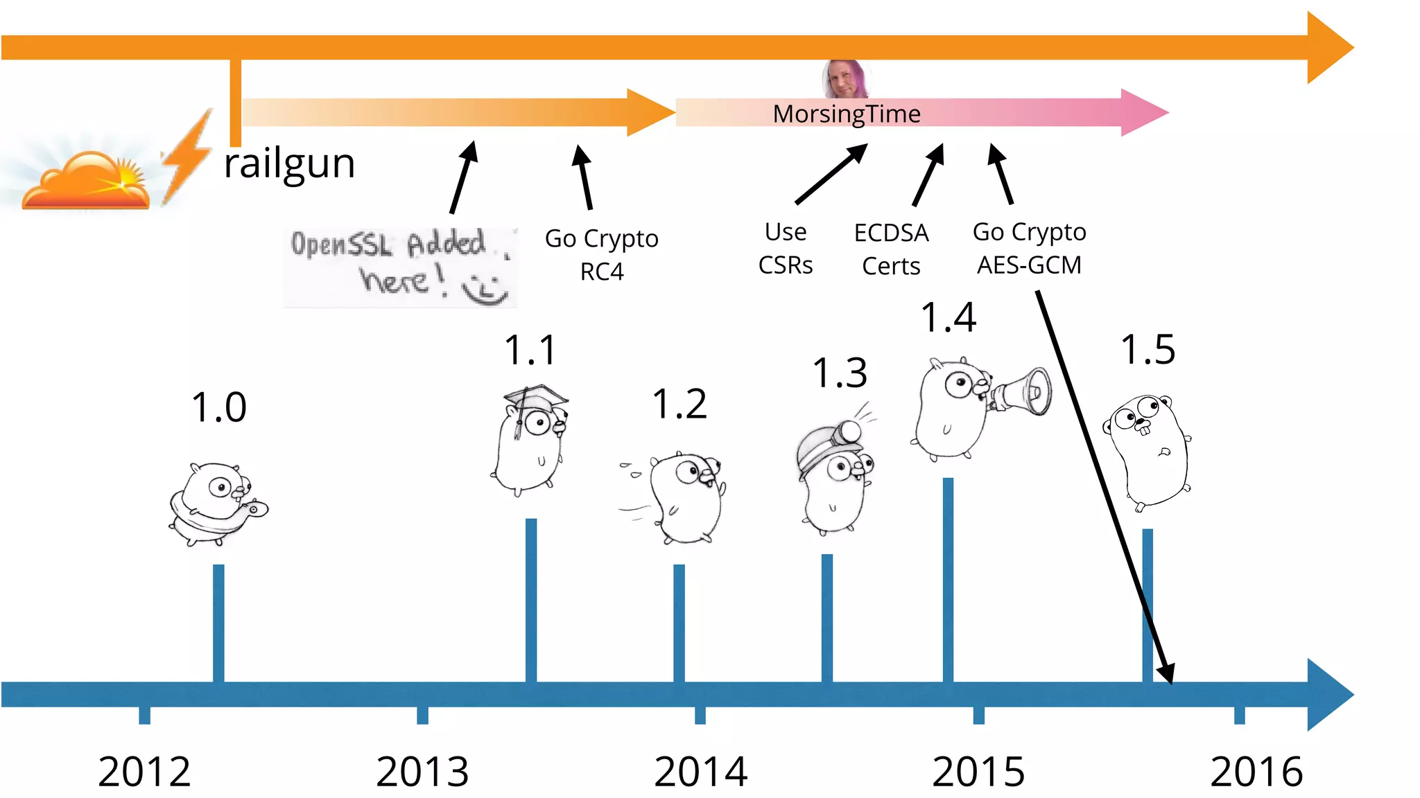 1.0
2012 2013 2014 2015
1.1
1.2
2016
1.3
1.4
1.5
Go Crypto
RC4
MorsingTime
Go Crypto
AES-GCM
Use
CSRs
railgun
ECDSA
Certs
 