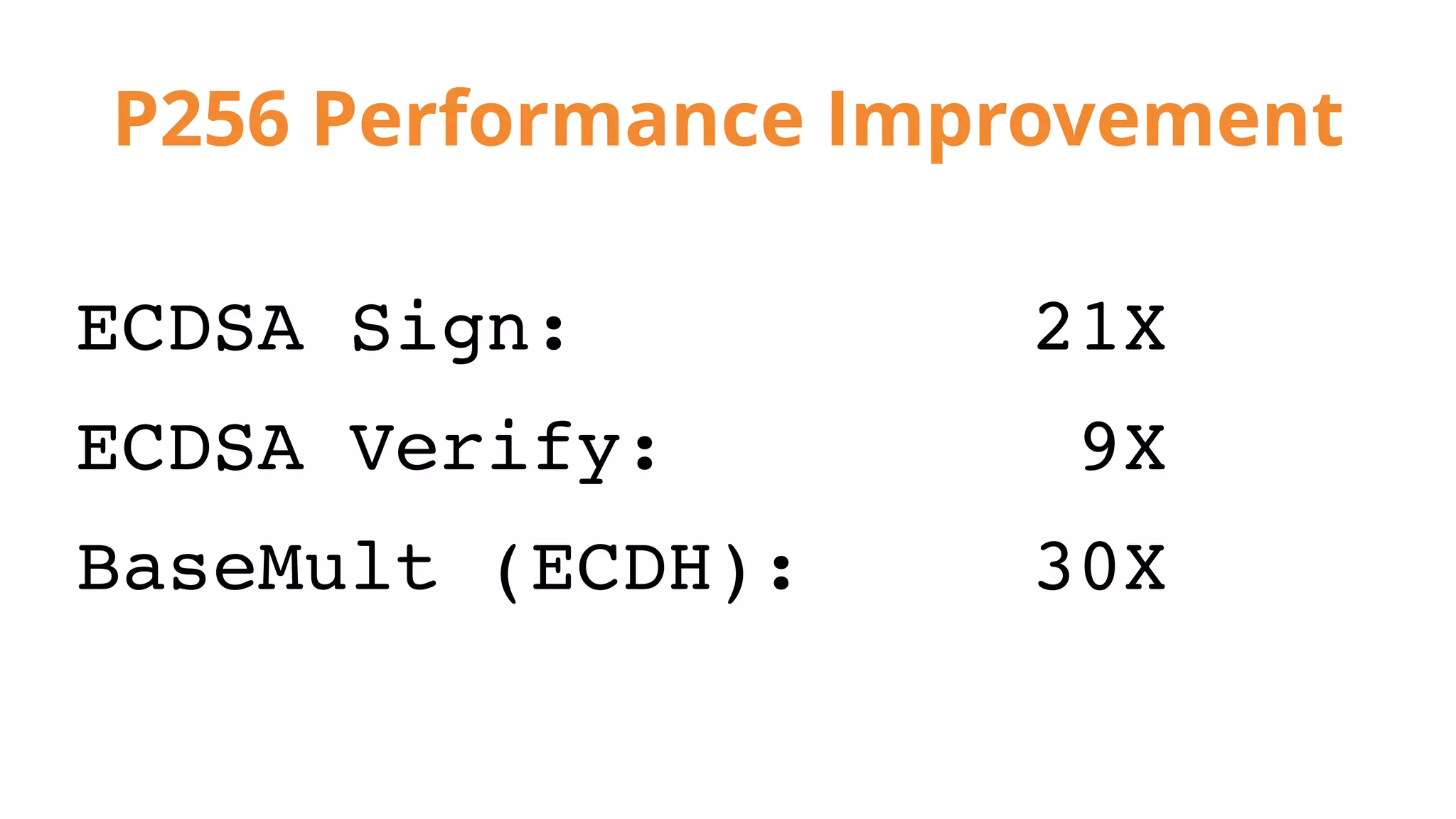 P256 Performance Improvement
ECDSA Sign: 21X
ECDSA Verify: 9X
BaseMult (ECDH): 30X
 