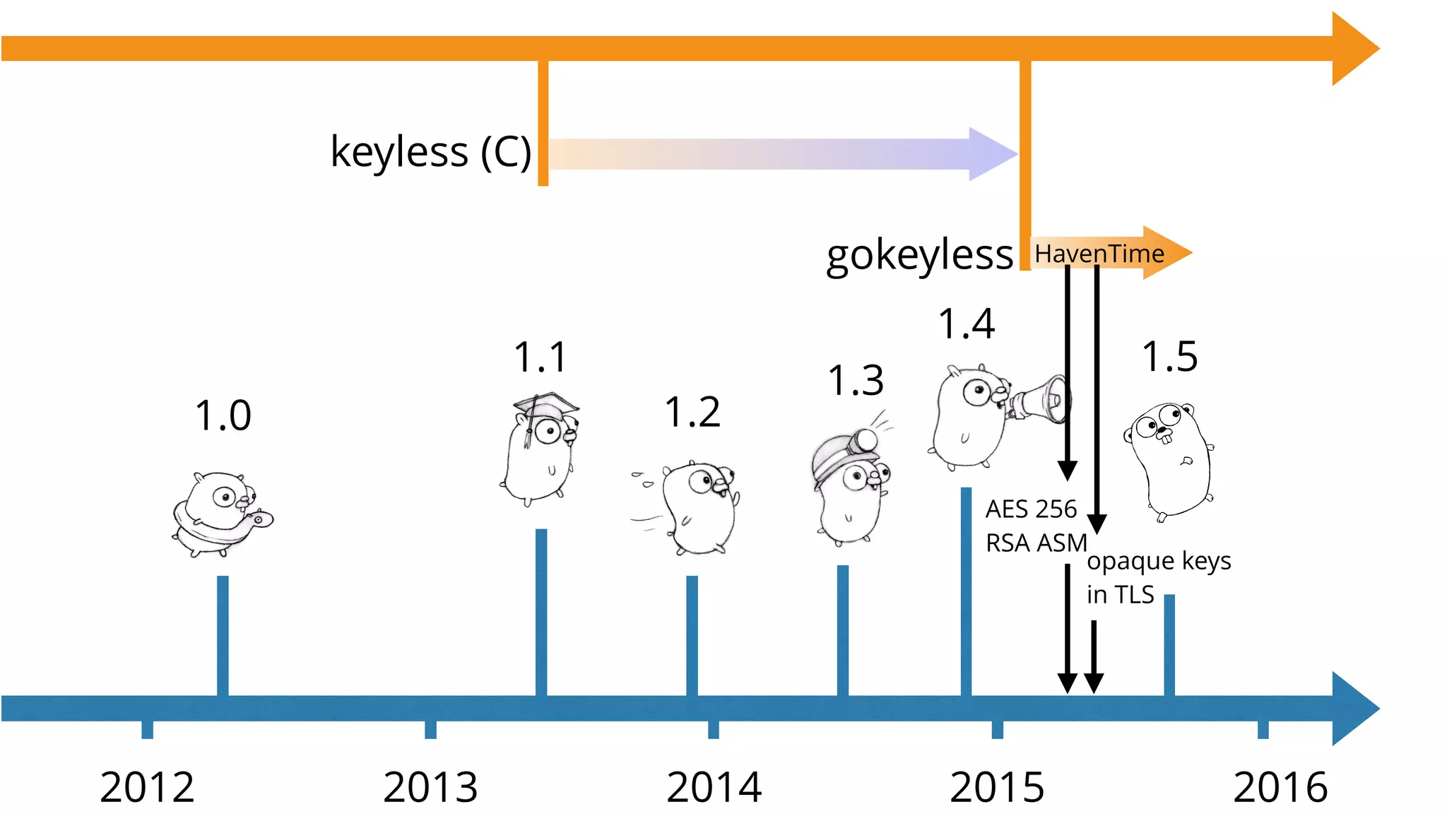 1.0
2012 2013 2014 2015
1.1
1.2
2016
1.3
1.4
1.5
gokeyless
keyless (C)
opaque keys
in TLS
HavenTime
AES 256
RSA ASM
 