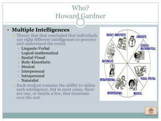 Who?
                            Howard Gardner
 Multiple Intelligences
   Theory that that concluded that individuals
    use eight different intelligences to perceive
    and understand the world.
         Lingustic-Verbal
         Logical-mathematical
         Spatial-Visual
         Body-Kinesthetic
         Musical
         Interpersonal
         Intrapersonal
         Naturalist
     Each student contains the ability to utilize
      each intelligence, but in most cases, there
      are one, or maybe a few, that dominate
      over the rest.
 